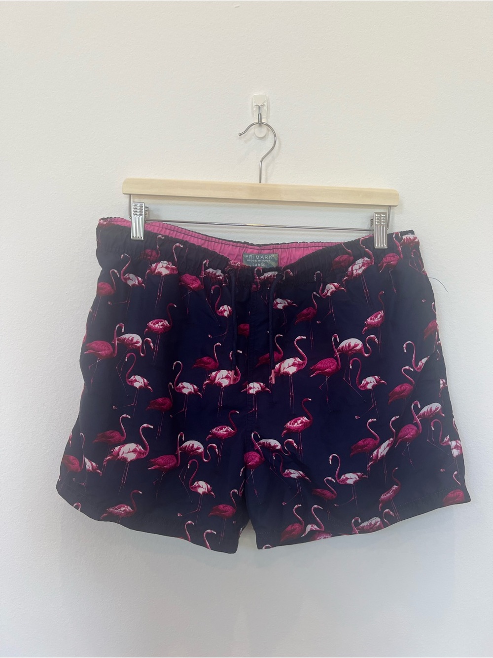 Men's Primark Size Large Navy Flamingo Print Swim Trunks w/ Mesh Liner